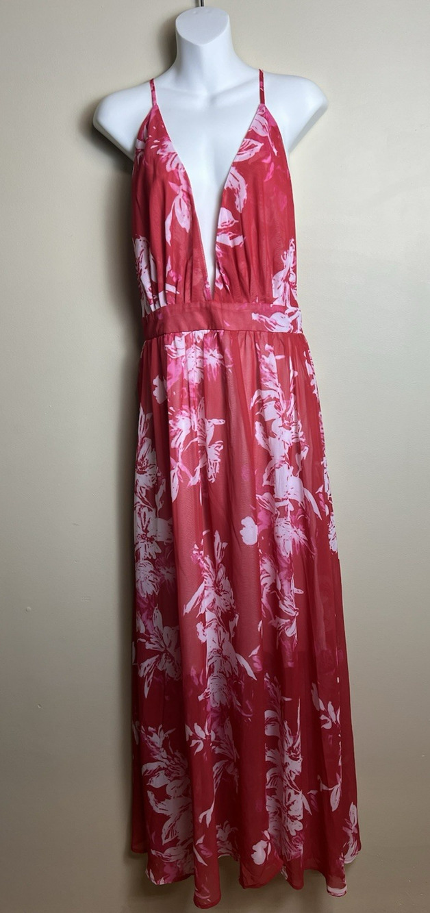 Floral Maxi Dress Women's Medium Plunge Neckline Flowy Cocktail Party Beachy